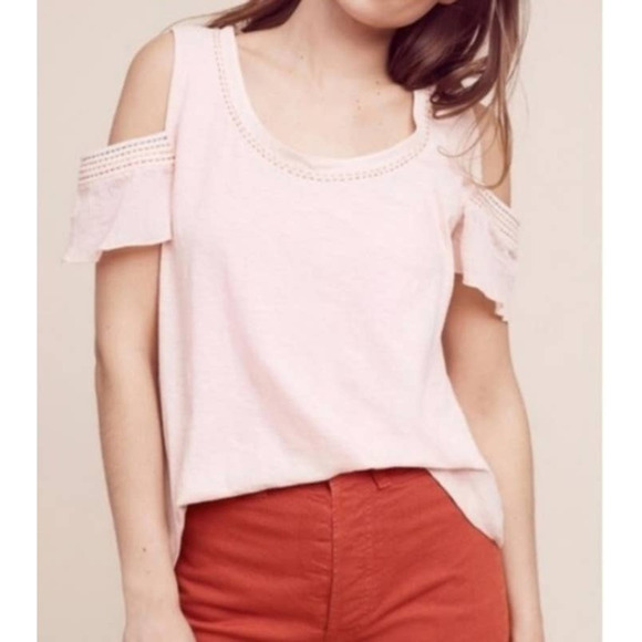 Anthropologie Akemi & Kin Top Size L Salma Cold Shoulder Embroidered Pink Cotton - Picture 1 of 7